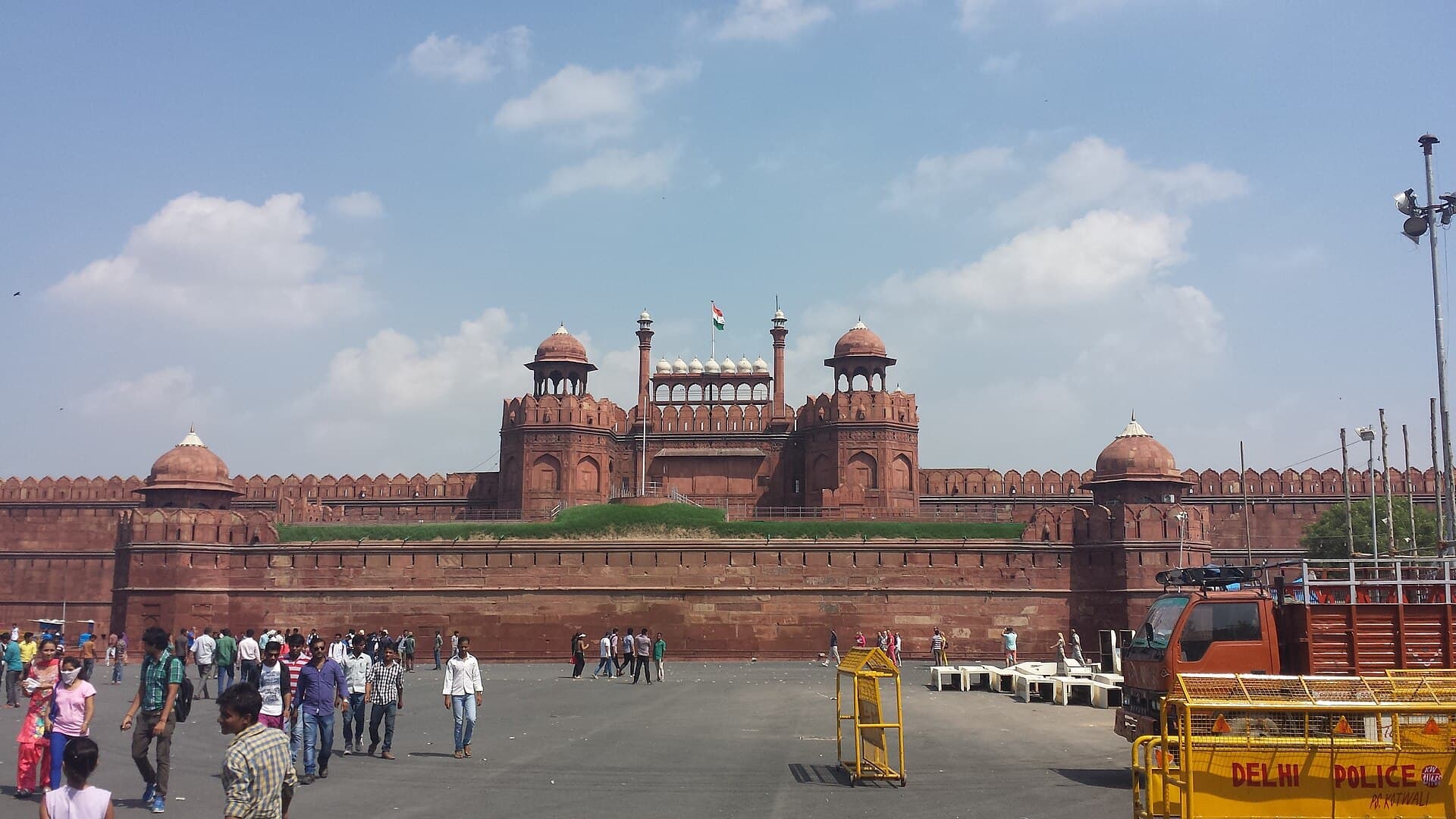 The Lahori Gate of the Red Fort with the Indian tricolour flying above its red-sandstone bastions and chhatris