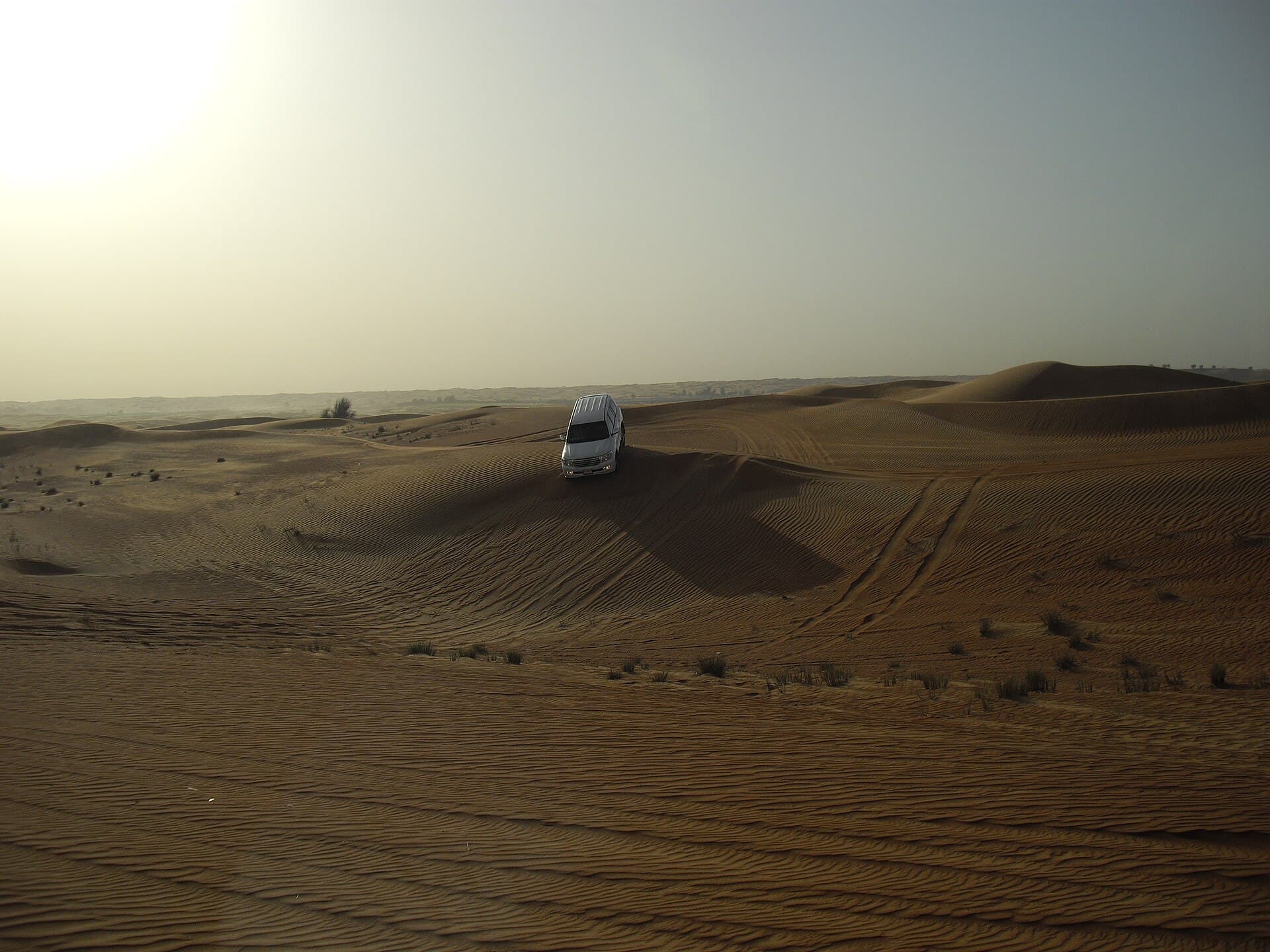 A white 4x4 cresting a golden sand dune outside Dubai, tyre tracks rippling across the desert