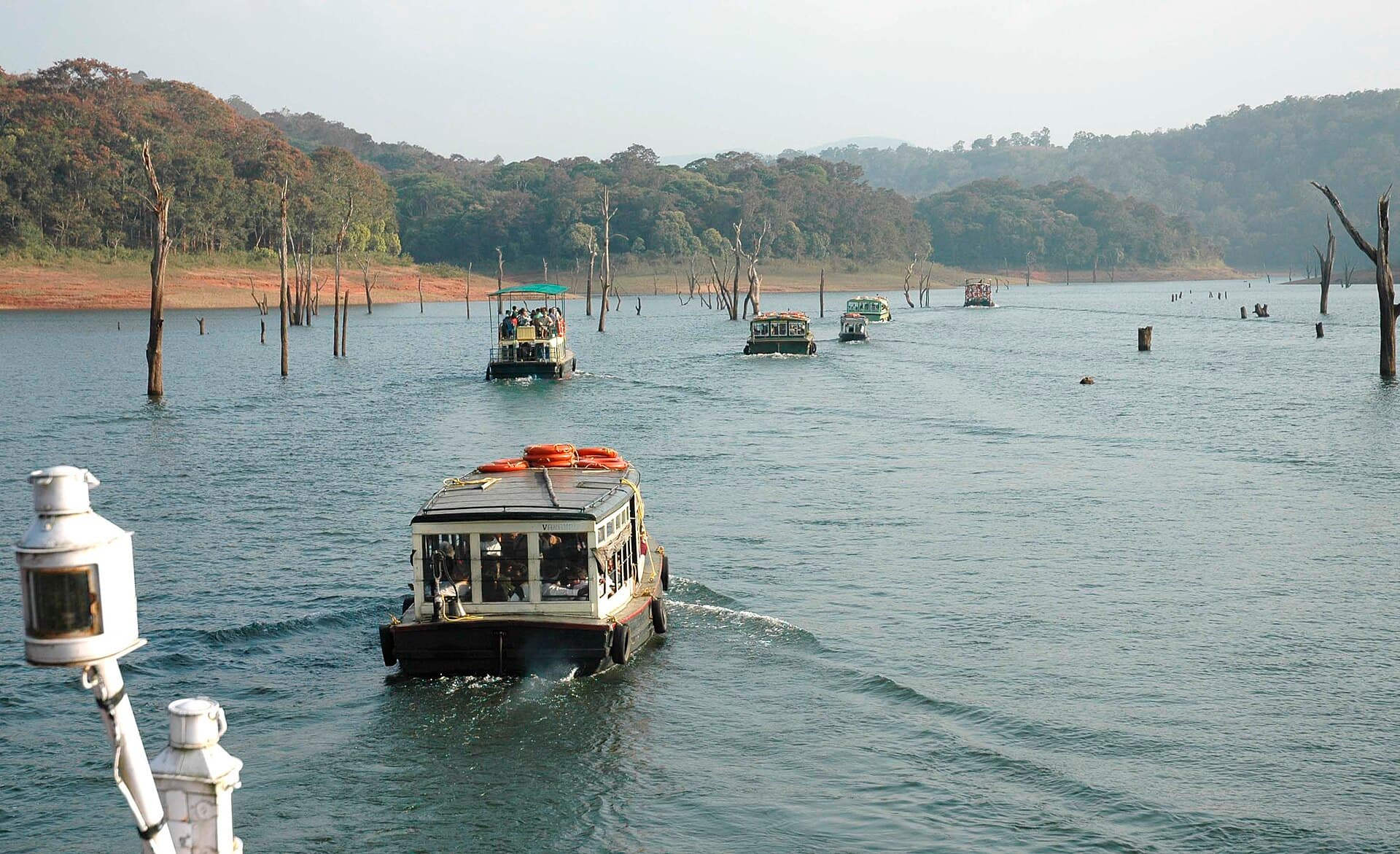 Safari boats cruising Periyar Lake past the bleached trunks of drowned trees, forested hills behind